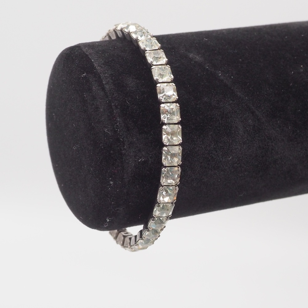 Vintage Tennis Bracelet 6.75 Sterling Silver Clear Rhinestone Emerald Cut Prong